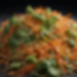 A close-up of shredded vegetables showcasing texture and color.