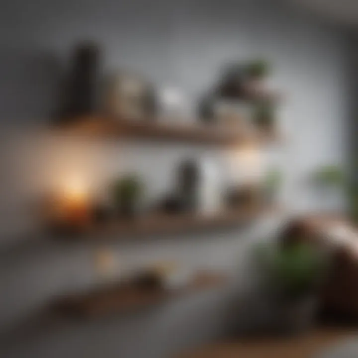 Creative arrangement of utility wall shelves in a living area