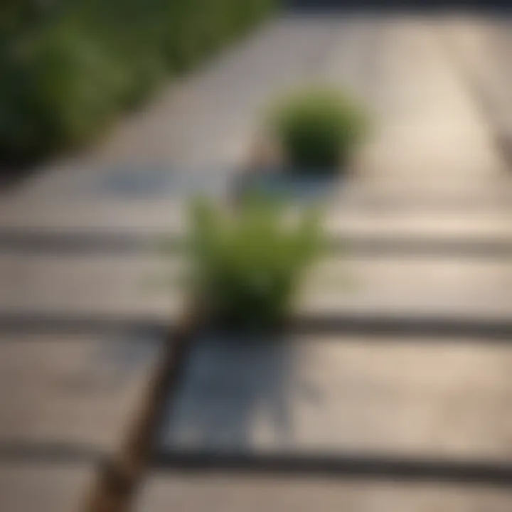 Close-up of weeds growing between paver joints