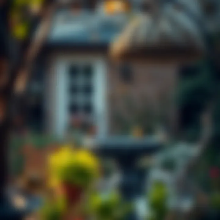 An outdoor garden setting with a birdbath and feeding station