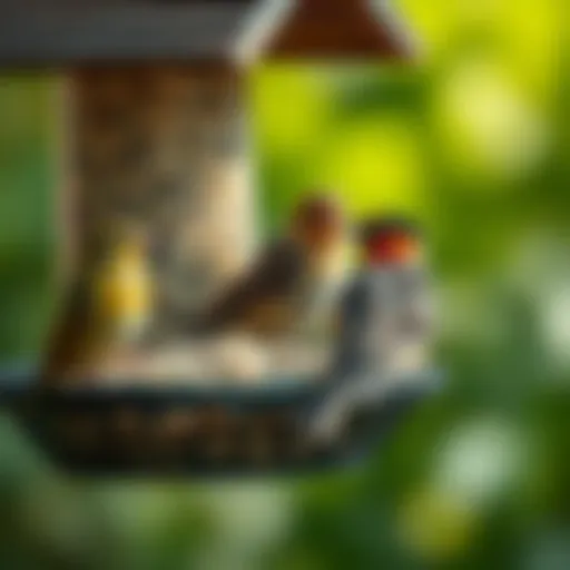 A variety of bird seeds in a feeder attracting different species