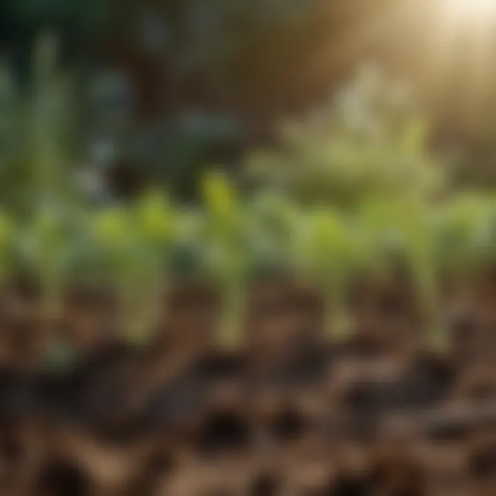 A vibrant garden plot with seedlings emerging from rich soil under the morning sun