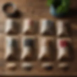 A detailed close-up of various seed packets laid out on a rustic wooden table